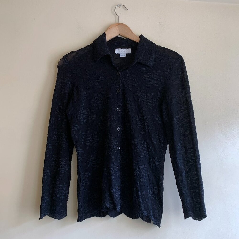 VINTAGE Express Tricot Black Sheer Lace Button Up Blouse Women's Size Small y2k